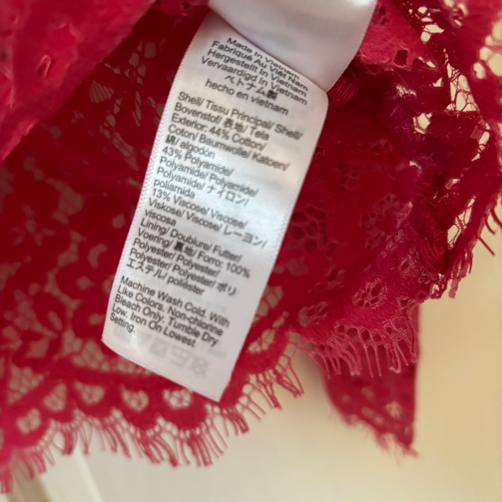 J. Crew Scalloped Lace Mockneck Top Vibrant Pink Lace Blouse Size 14‎ Sheer Glam - Picture 6 of 12